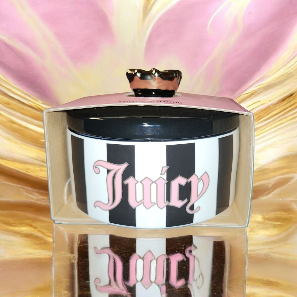 NWT Juicy Couture Black and White Striped Ceramic Trinket Jar Container RARE